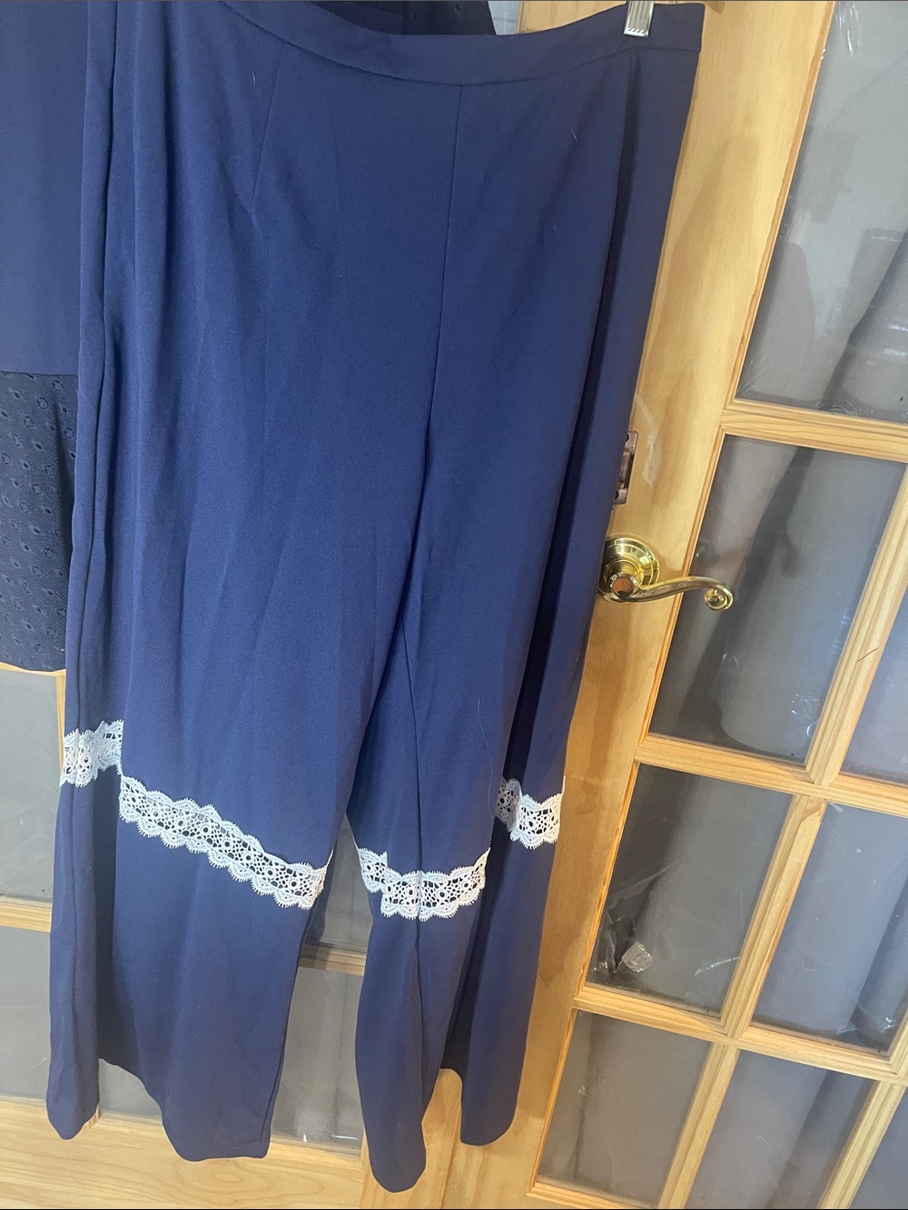 200. Navy Eyelet Short-Sleeve Top & Lace-Trim Wide-Leg Pants Set - Picture 8 of 10